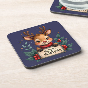 Posavasos Cute Reno de Navidad con Acebo y Letrero