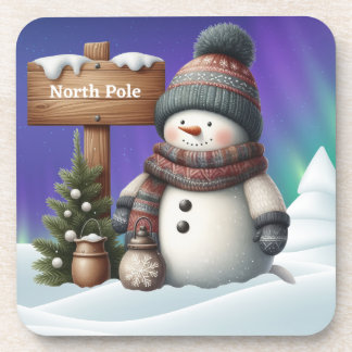 Posavasos Cute snowman on North Pole with northern lights
