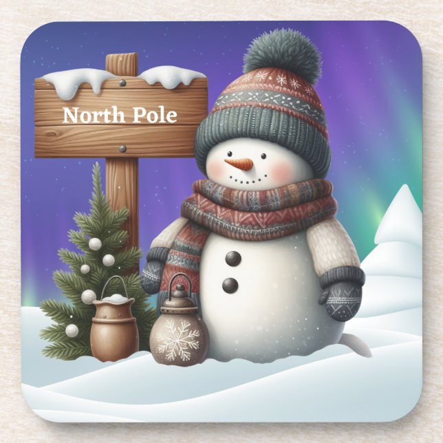 Posavasos Cute snowman on North Pole with northern lights (Frente)