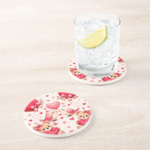 Cute Teddy Bear & Hearts Pattern Coaster de Arenis