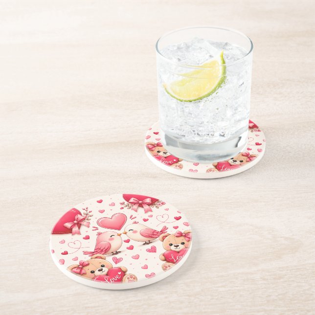 Posavasos Cute Teddy Bear & Hearts Pattern Coaster de Arenis (Lado)