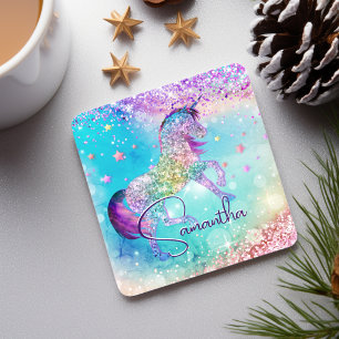 Posavasos Cute unicornio rosa Glitter arcoíris aqua monogram