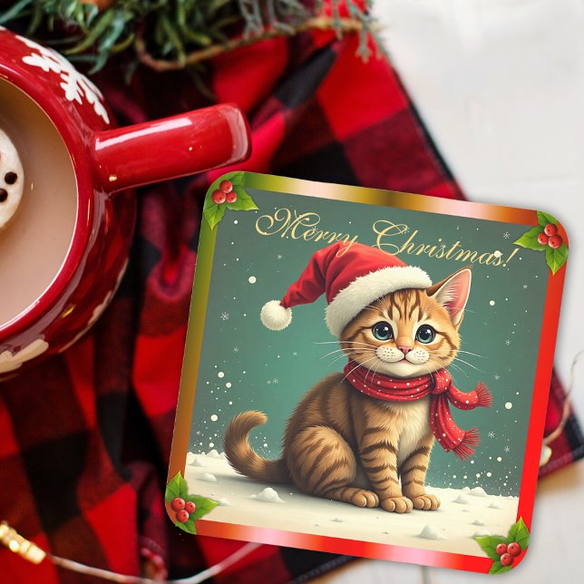 Posavasos Cute Vintage Tabby Cat Christmas (Cute Vintage Tabby Cat Christmas Beverage Coaster by the Olde Christmas Shoppe)