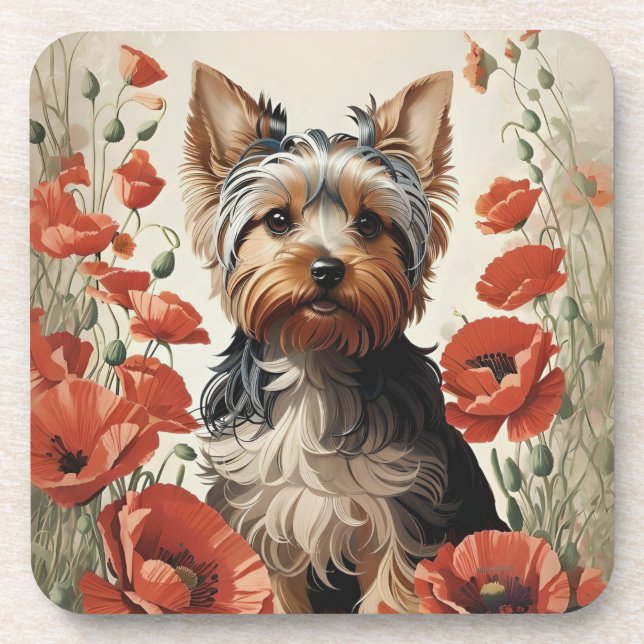 Posavasos Cute Yorkshire Terrier Botaner Red Poppies (Frente)
