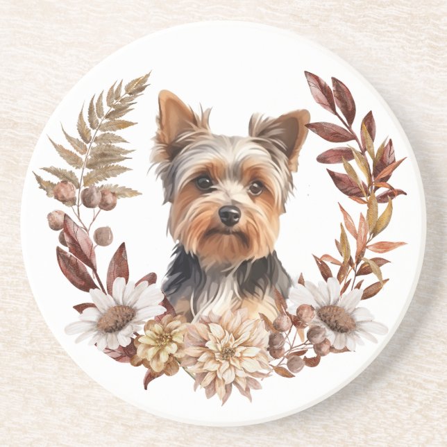 Posavasos Cute Yorkshire Terrier Dog Otumn Wreath (Frente)