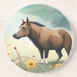 Posavasos Cuto pony marrón en el campo floral