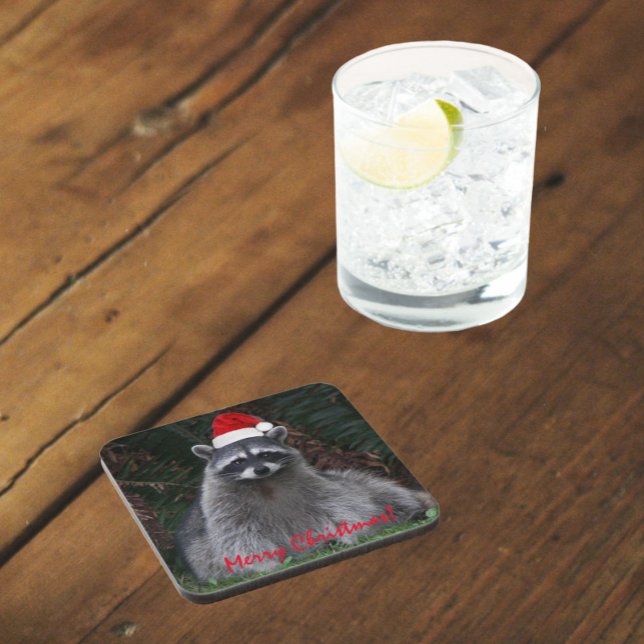 Posavasos Cuto Raccoon con sombrero de Santa Red (In Situ Glass)