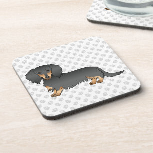 Posavasos Dachshund Cartoon Perro Peludo Largo Negro y Canel