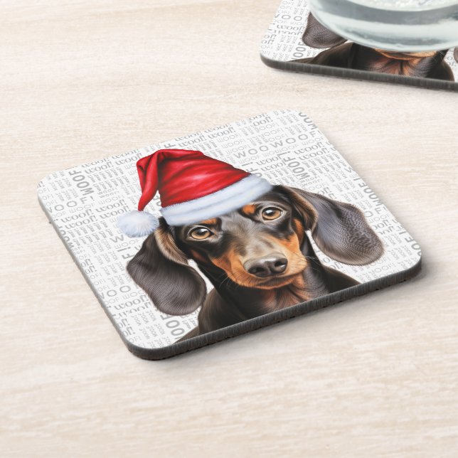 Posavasos Dachshund de Pelo Liso con Gorro de Santa Fiesta (Lado Izquierdo)