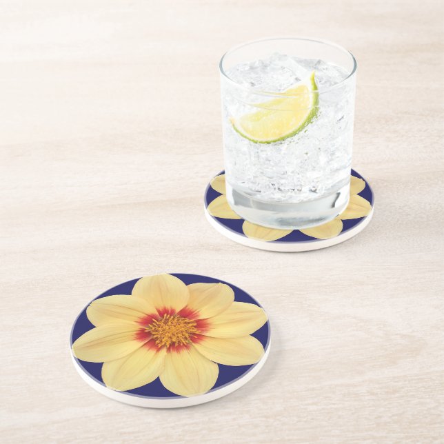 Posavasos Dahlia amarilla en floral azul (Lado)