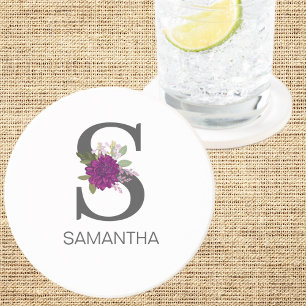 Posavasos Dahlia de Borgoña Floral Alfabeto Letra Monograma