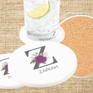 Posavasos Dahlia de Borgoña Floral Alfabeto Letra Monograma 