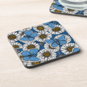 Posavasos Daisies, flores silvestres blancas y mariposas azu