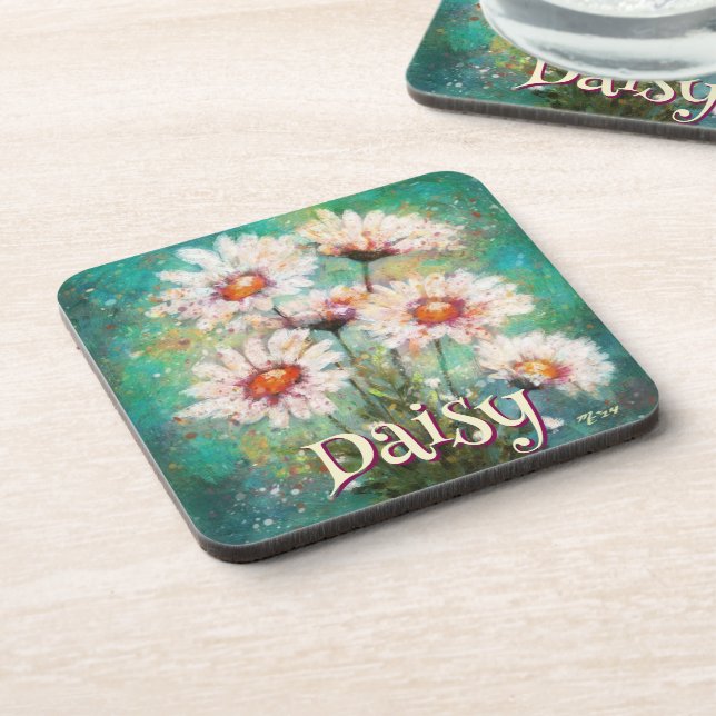 Posavasos Daisies Impressionistic Floral Teal Personalized (Lado Izquierdo)
