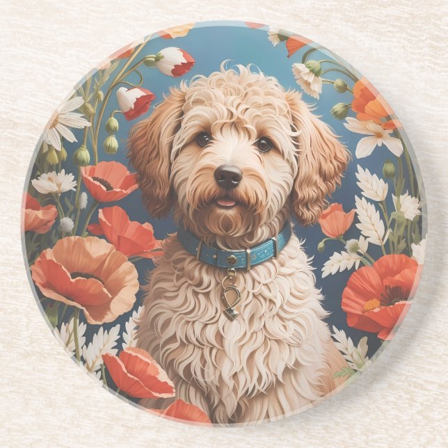 Posavasos Daisy De Labradoodle Y Flor De Adormidera (Frente)