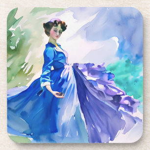 Posavasos Dama con vestido azul - Pintura de color de agua