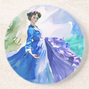 Posavasos Dama con vestido azul - Pintura de color de agua