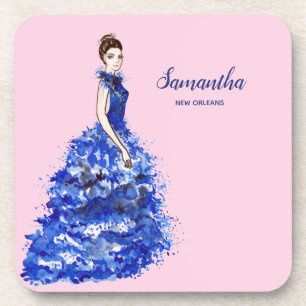 Posavasos Dama Hermosa con Vestido Azul Brillante de Moda