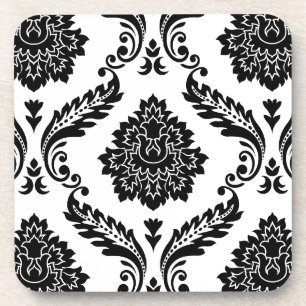Posavasos Damascado Rococó Patrón Grande Negro sobre Blanco