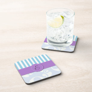 Posavasos Damasco azul, franjas azules, rayas, monograma
