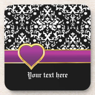 Posavasos Damasco blanco negro con banda violeta y corazón