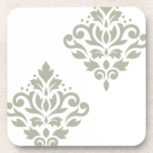 Posavasos Damasco de pergamino arte I verde sobre blanco