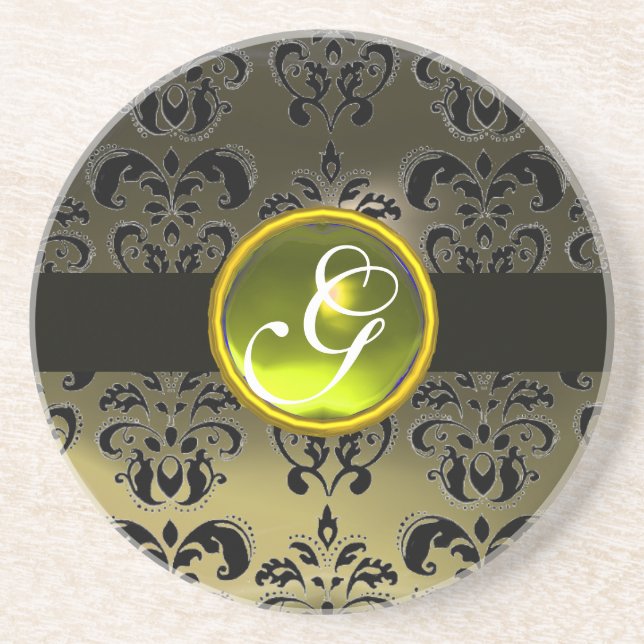 Posavasos DAMASCO NEGRO Y GRIS  Topacio Amarillo Monograma (Frente)