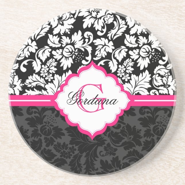 Posavasos Damascos florales blancos y rosados negros (Frente)