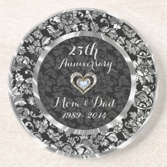 Posavasos De Arenisca 25º Aniversario Boda De Plata Negra Y Metálica (Frente)