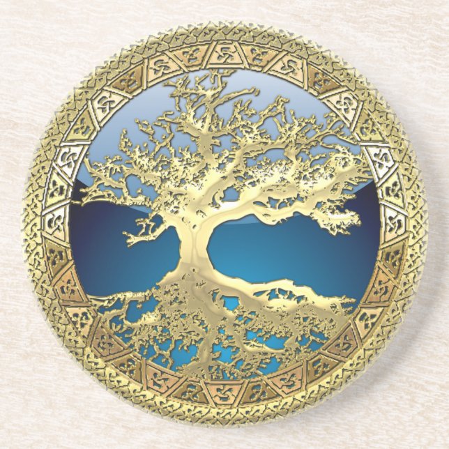 Posavasos De Arenisca [26] Árbol celta dorado de vida (Frente)