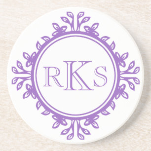 Posavasos De Arenisca 3 monograma carta real borde de hoja violeta púrpu