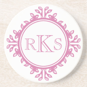 Posavasos De Arenisca 3 monograma letra real borde rosa de hoja blanca