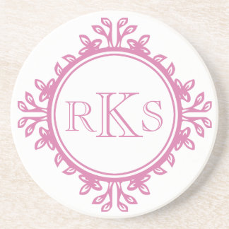 Posavasos De Arenisca 3 monograma letra real borde rosa de hoja blanca