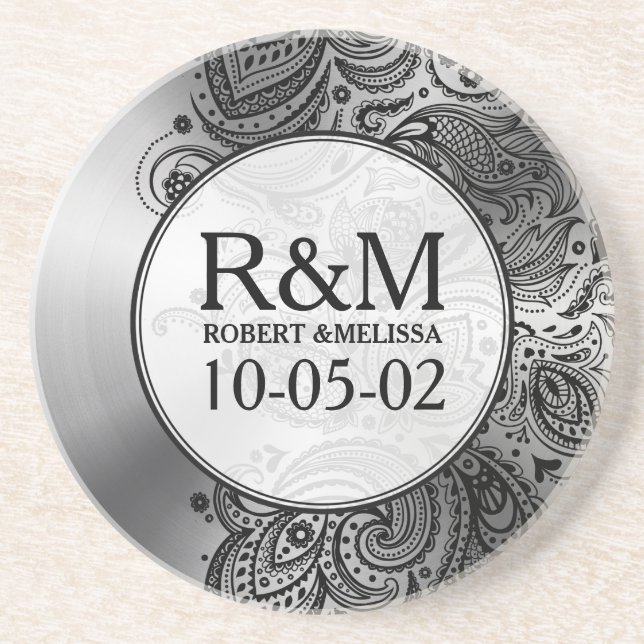 Posavasos De Arenisca Acero inoxidable Gris Aspecto Negro Paisley Lace (Frente)