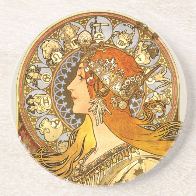 Posavasos De Arenisca Alfonse Mucha Zodiac Art Nouveau Mujer (Frente)