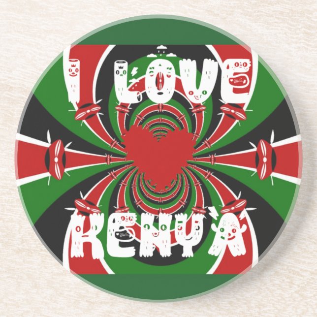 Posavasos De Arenisca Amo a Kenia: Arte de Bandera Dinámica (Frente)