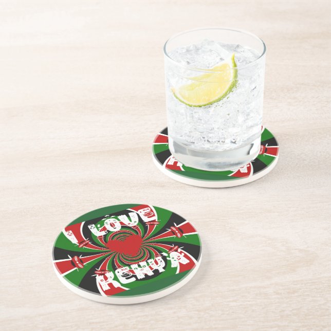 Posavasos De Arenisca Amo a Kenia: Arte de Bandera Dinámica (Lado)