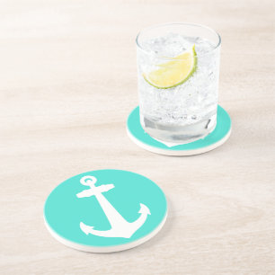 Posavasos De Arenisca Ancla De Decoración Turquesa Y Blanco