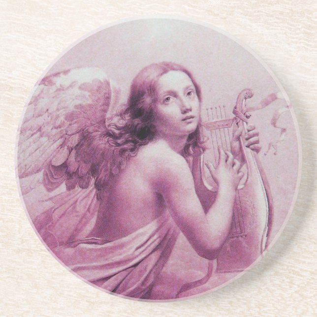 Posavasos De Arenisca ANGEL JUGANDO LYRA SOBRE LAS NUBES, rosa (Frente)