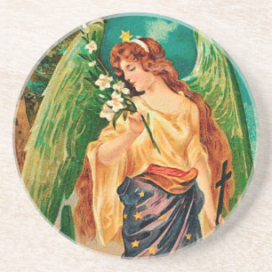 Posavasos De Arenisca Ángel sosteniendo una rama floral