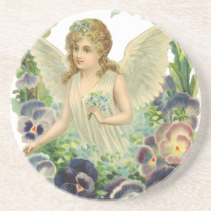 Posavasos De Arenisca Ángel Victoriano de Pascua con flores de pensamien