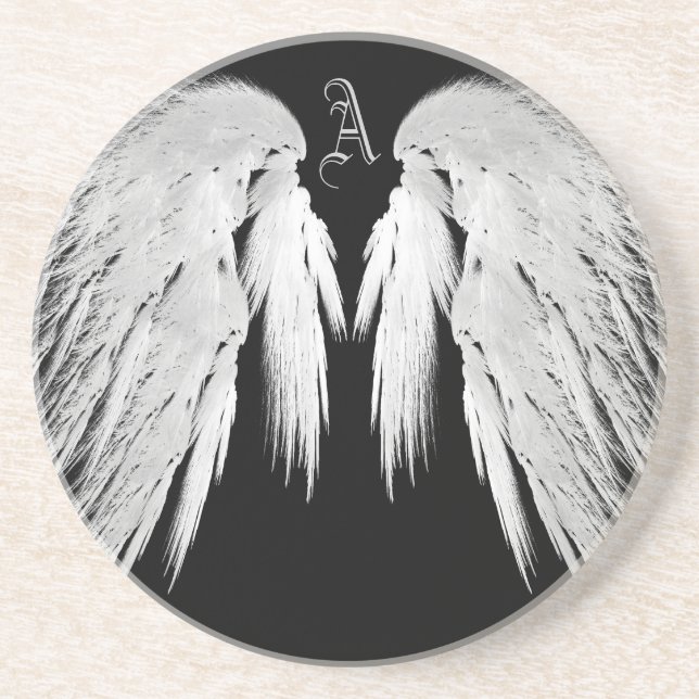 Posavasos De Arenisca ANGEL WINGS Personalizado Negro Monograma (Frente)