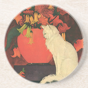 Posavasos De Arenisca Animales antiguos, gato blanco elegante, flores de