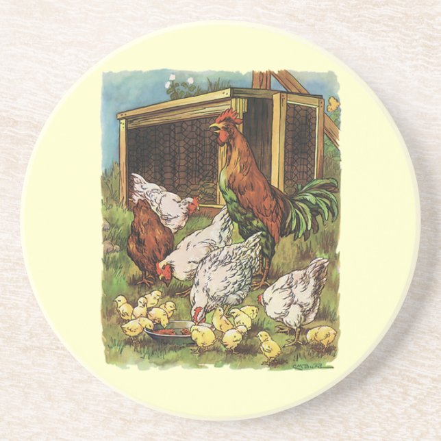 Posavasos De Arenisca Animales de granja antiguos, gallo, gallinas, poll (Frente)