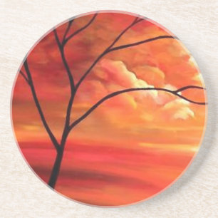 Posavasos De Arenisca Árbol abstracto y atardecer rojo