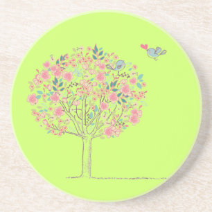Posavasos De Arenisca Árbol y pájaros florecientes en amor