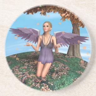 Posavasos De Arenisca Arte de fantasía otoñal del ángel orante púrpura