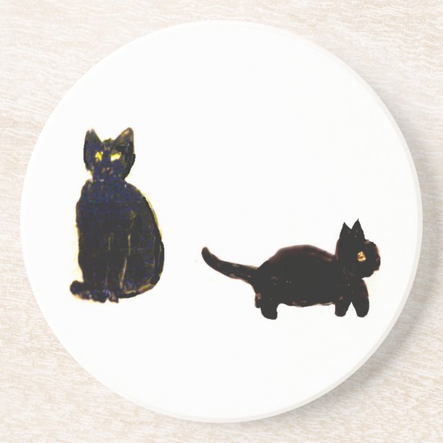 Posavasos De Arenisca Arte de gato lindo dos gatos negros (Frente)