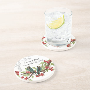 Posavasos De Arenisca Aves verde azuladas y borgoñonas de amor Aves de l