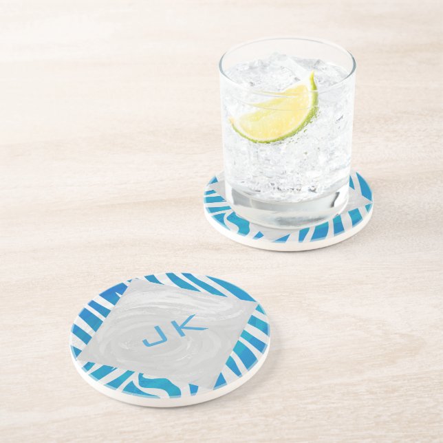 Posavasos De Arenisca Azul cebra y blanco con monograma (Lado)